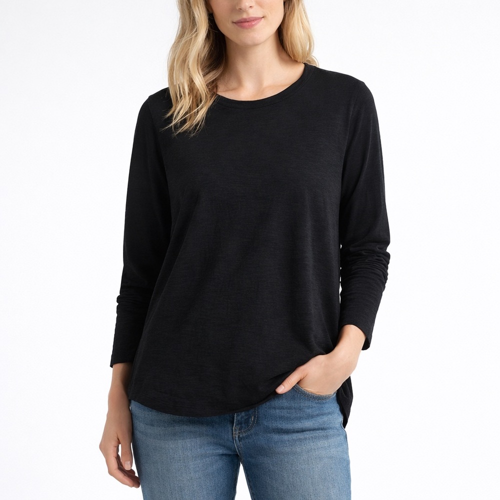 Lilla P Black Slub Cotton Long Sleeve Crewneck Tee Womens XL